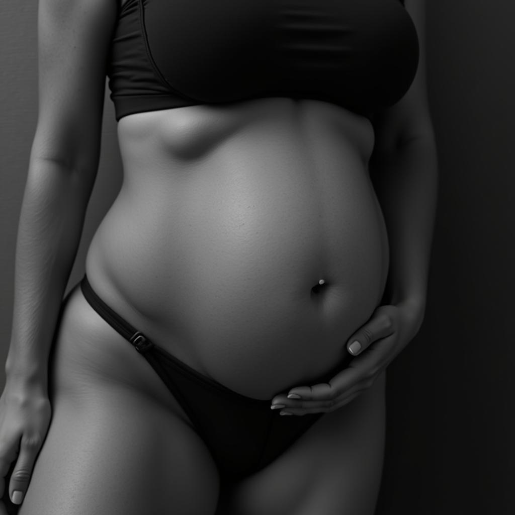 Black and white photo of a pregnant woman