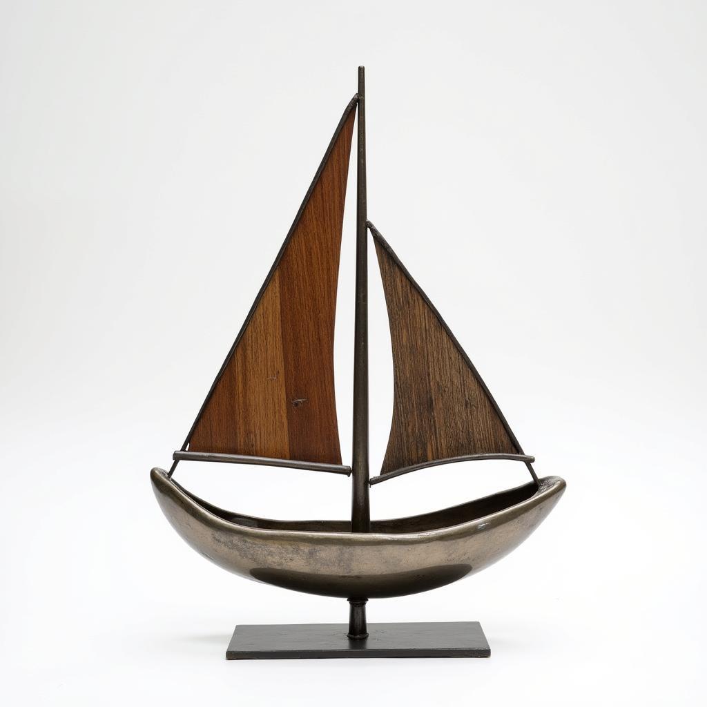 Modern sailboat sculpture made of metal and wood