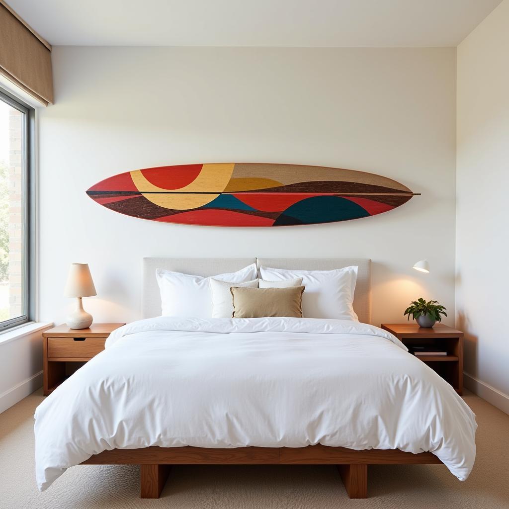 Modern Surfboard Wall Art in a Bedroom