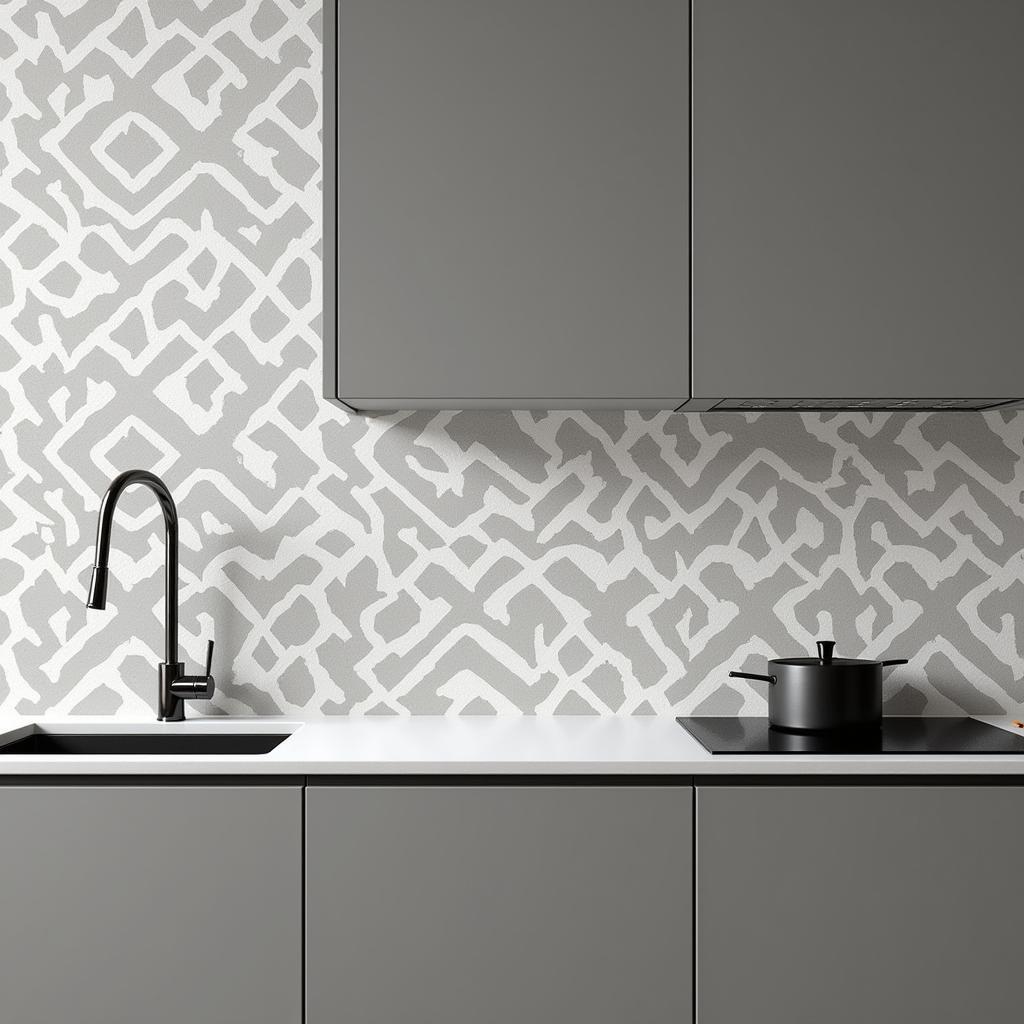 Modern kitchen backsplash with geometric patterned tiles in contrasting colors.