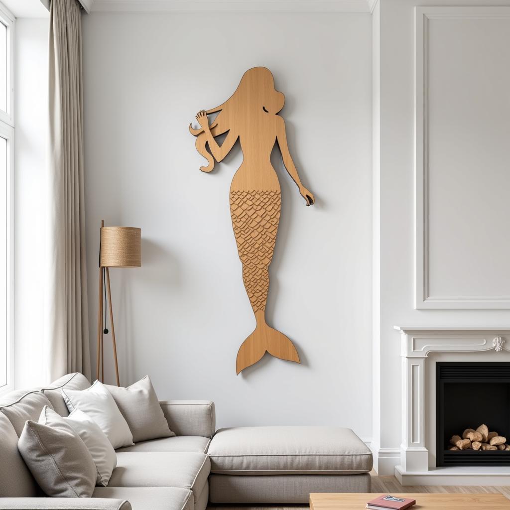 Modern wooden mermaid wall art adds an elegant touch to a living room.