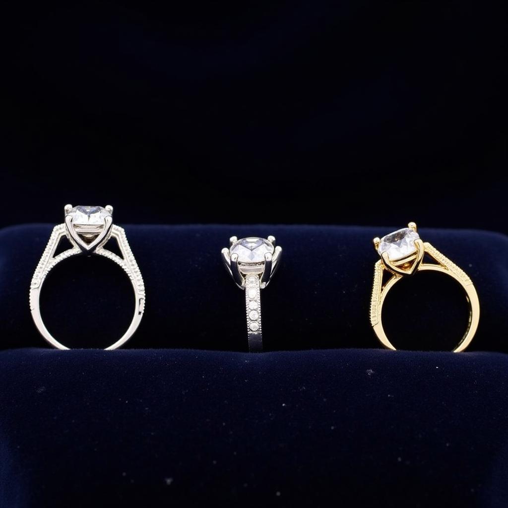 Moissanite Art Deco Rings in various metal bands: platinum, white gold, and yellow gold