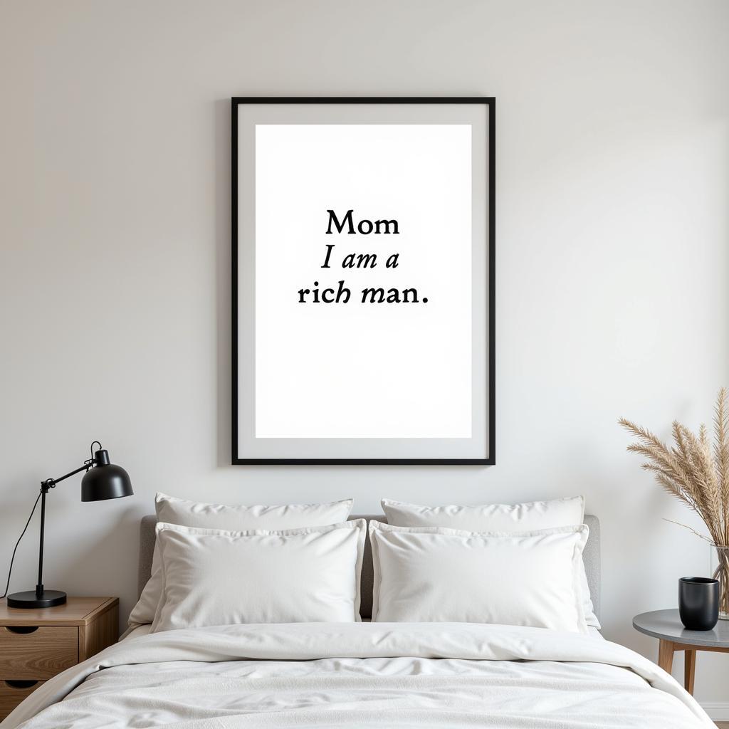 Minimalist "Mom, I am a rich man" wall art in a modern bedroom