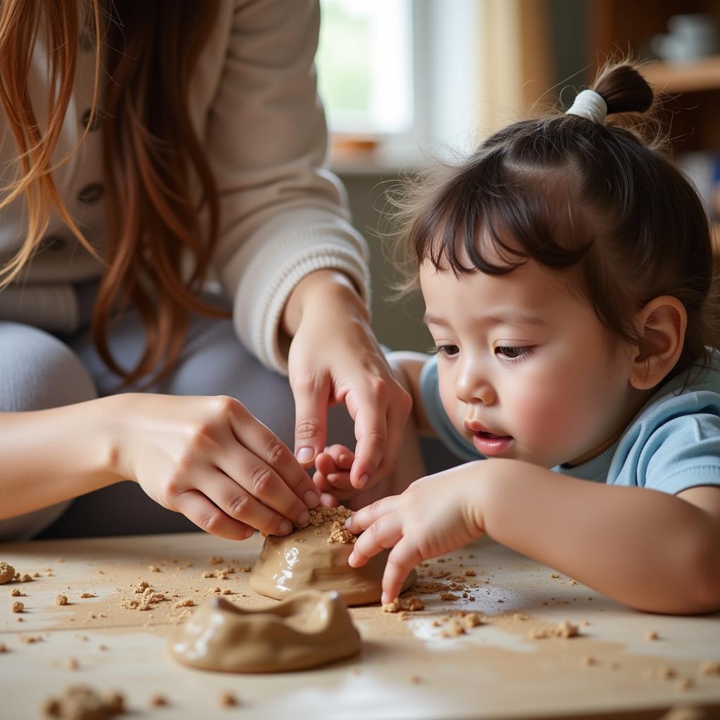 Mommy and me clay sculpting: A mother guides her child's hands as they mold clay together, fostering creativity and connection.