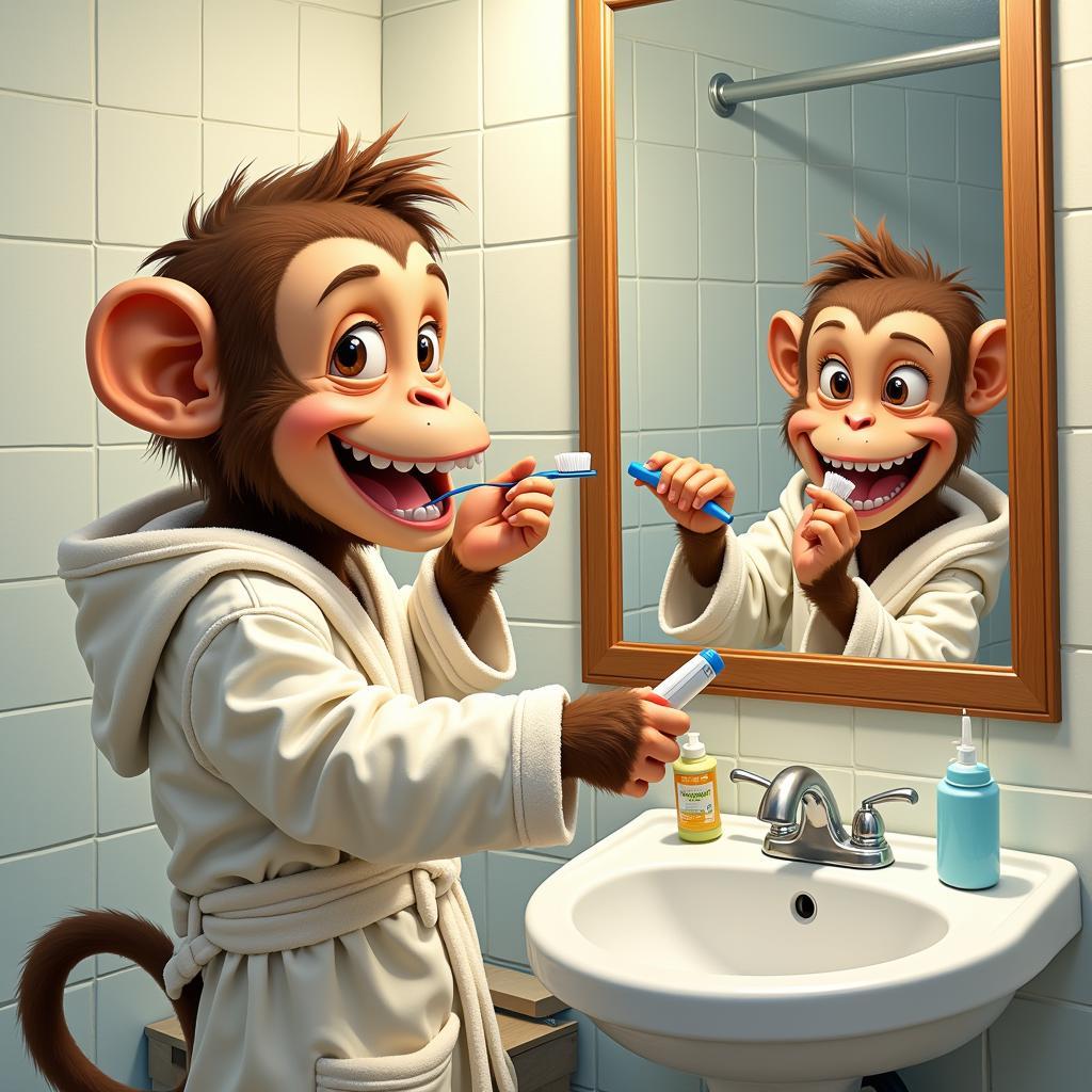 Monkey Brushing Teeth Bathroom Art