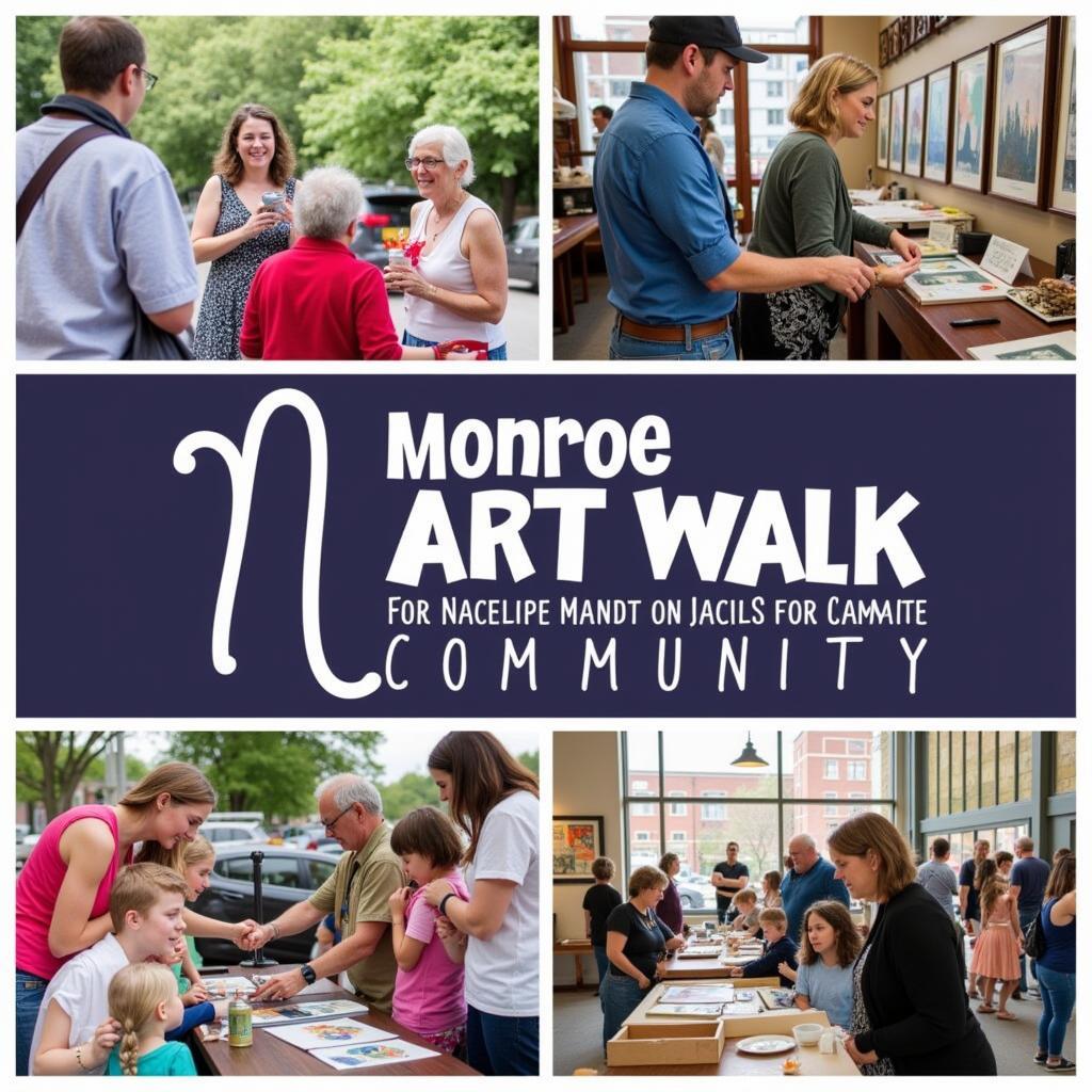 Visitors of all ages enjoying the Monroe Art Walk, engaging with the art and interacting with each other.