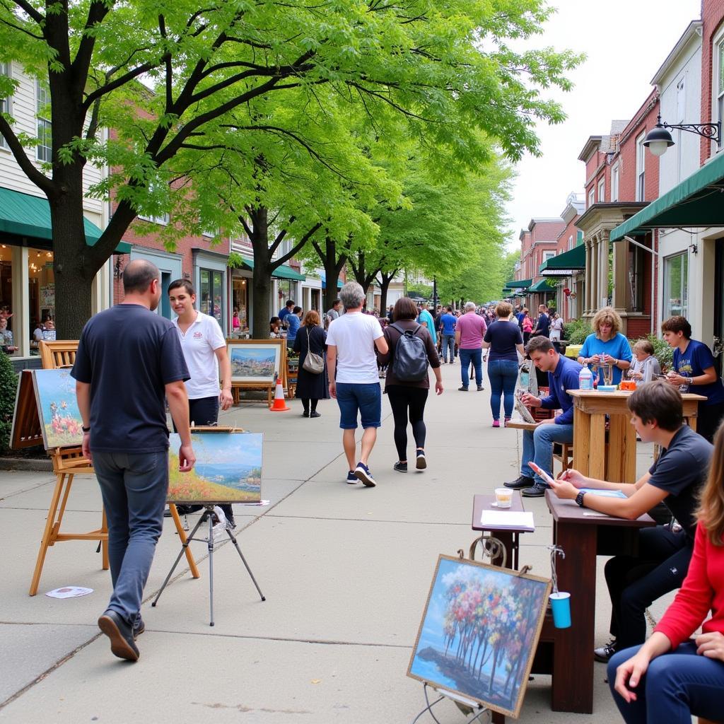 A lively street scene during the Monroe Art Walk, showcasing artists displaying their work and interacting with visitors.