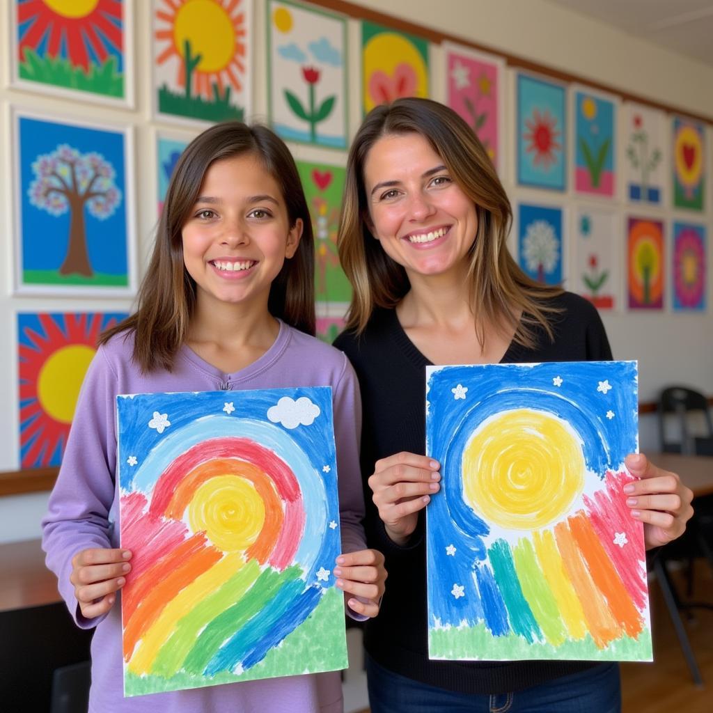 Mother and daughter proudly displaying their completed artwork.