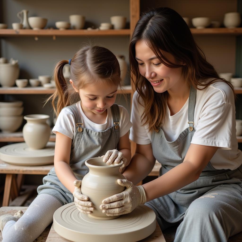 Mother and Daughter in Pottery Class