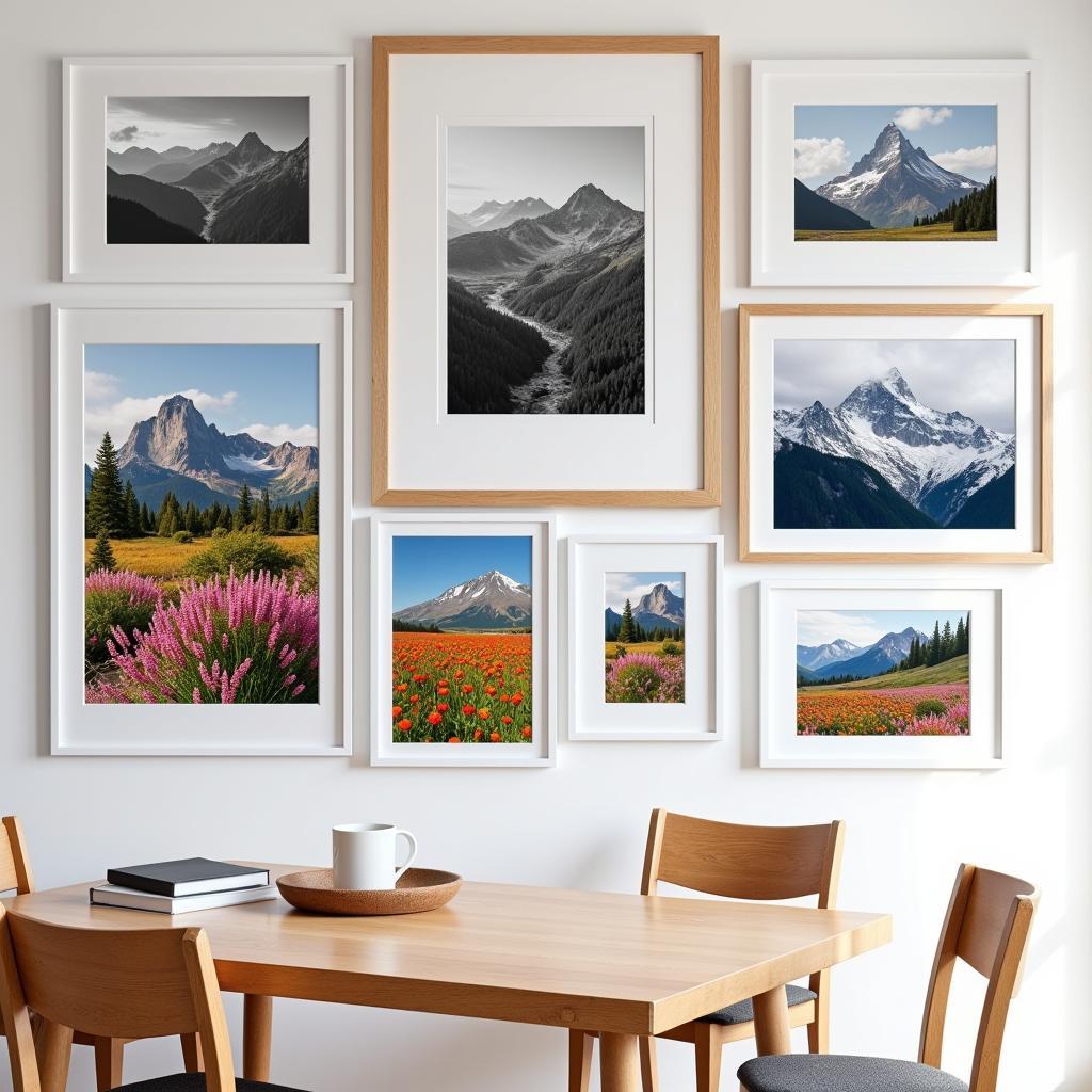 A gallery wall featuring a collection of mountain photography prints