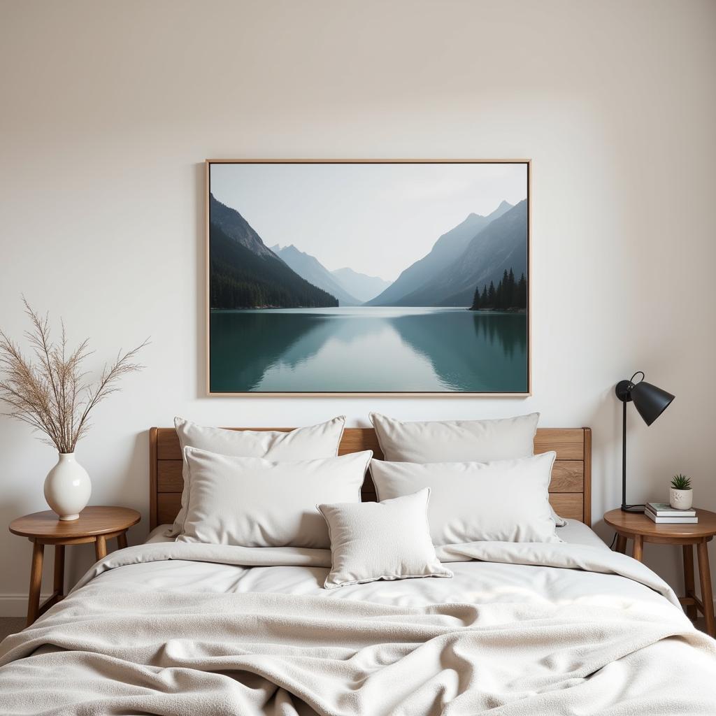 A serene bedroom with mountain photography wall art above the bed