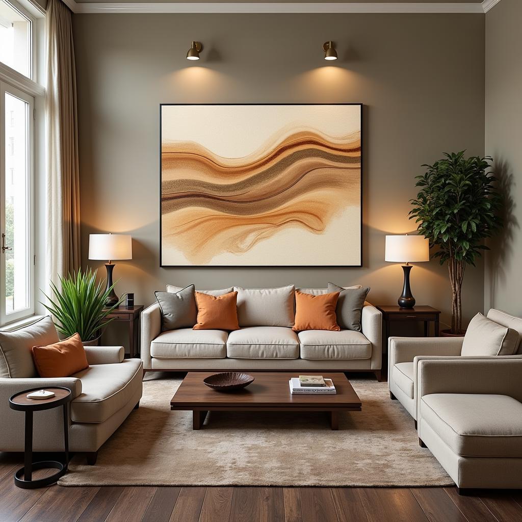 A moving sand art wall hanging displayed in a modern living room, showcasing its aesthetic appeal within a home environment.