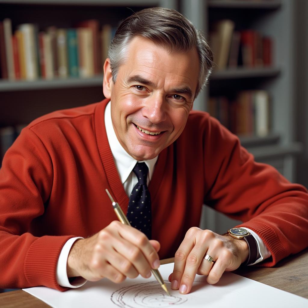 Mr. Rogers engaging in a simple craft activity