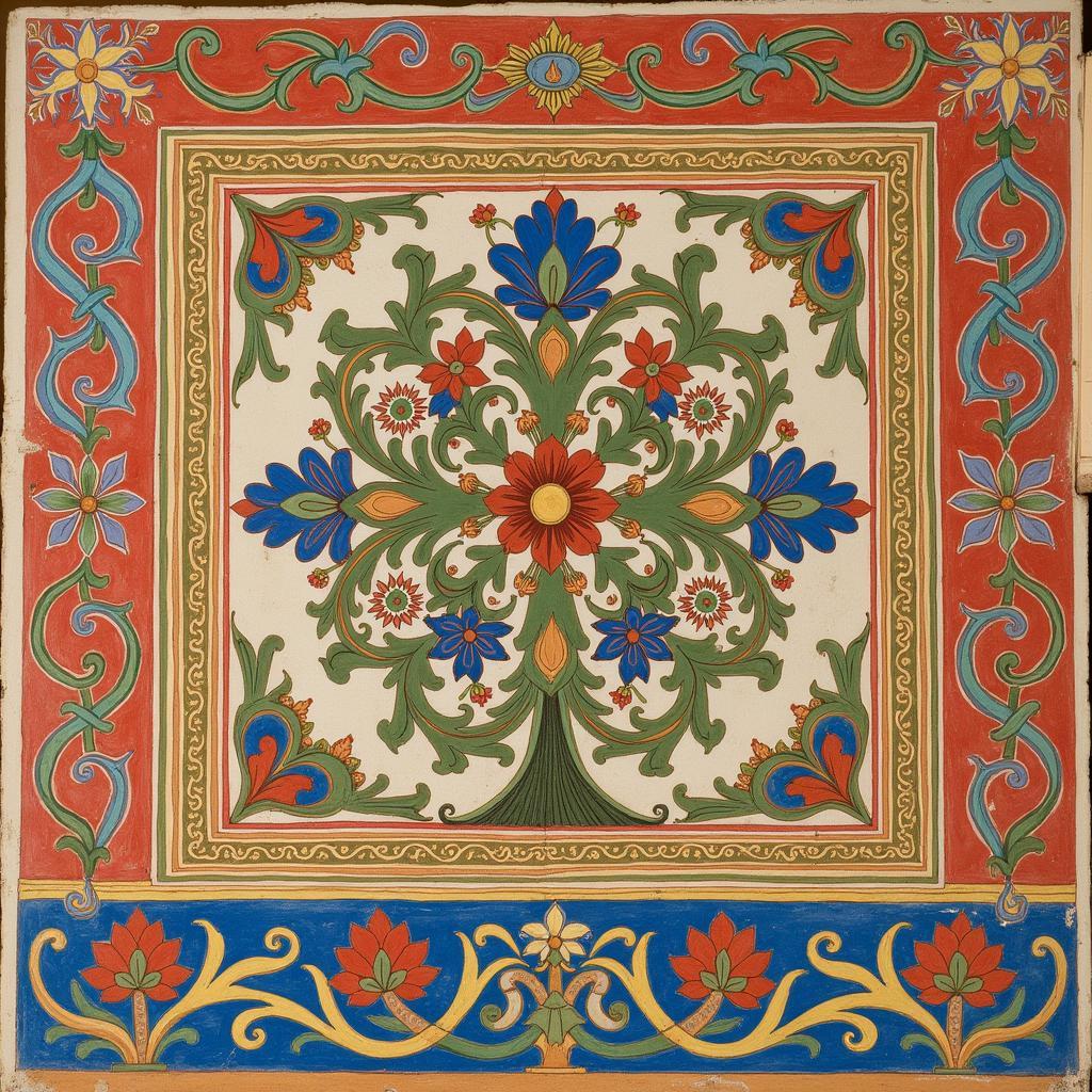 Mughal wall art with floral motifs and geometric patterns.