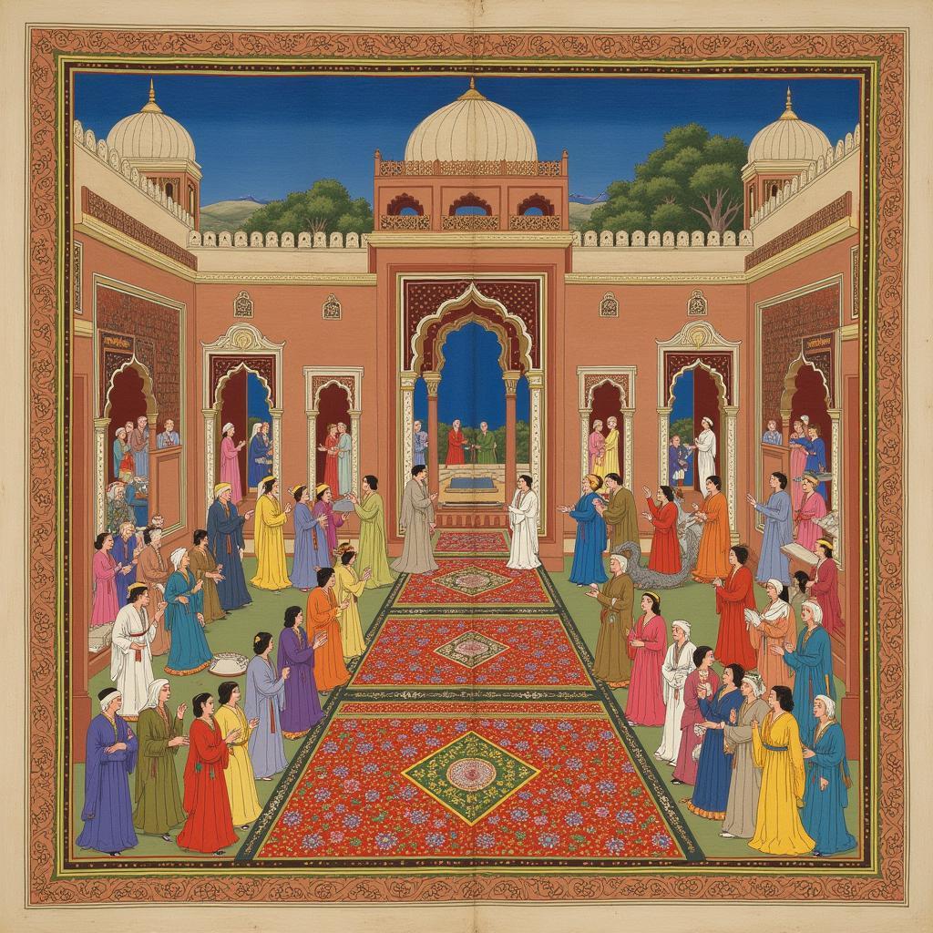 Intricate Mughal miniature painting depicting a royal court scene