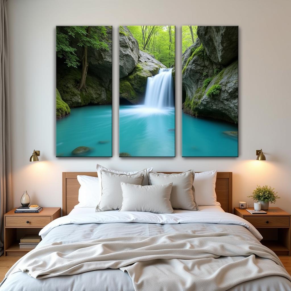 Multi-Panel Waterfall Wall Art in a Tranquil Bedroom