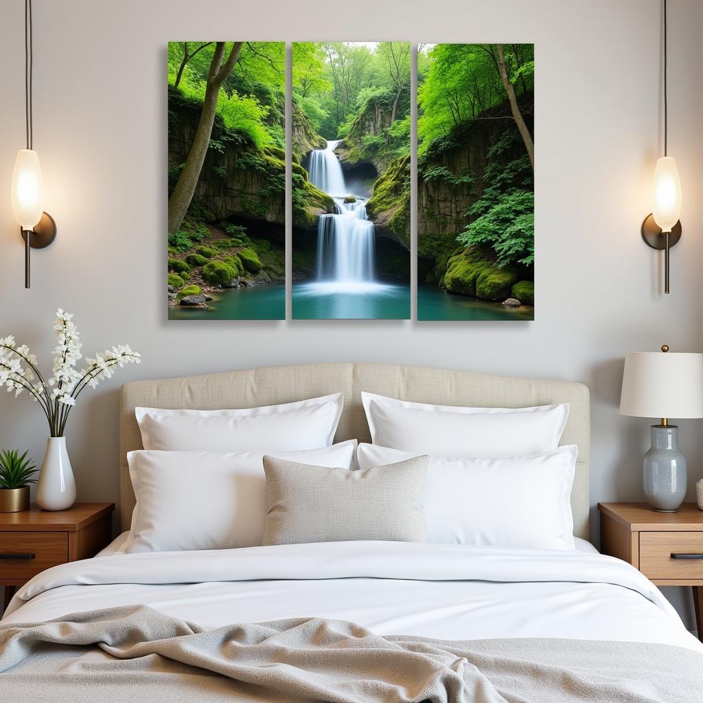 Multi-Panel Waterfall Canvas Art in a Serene Bedroom