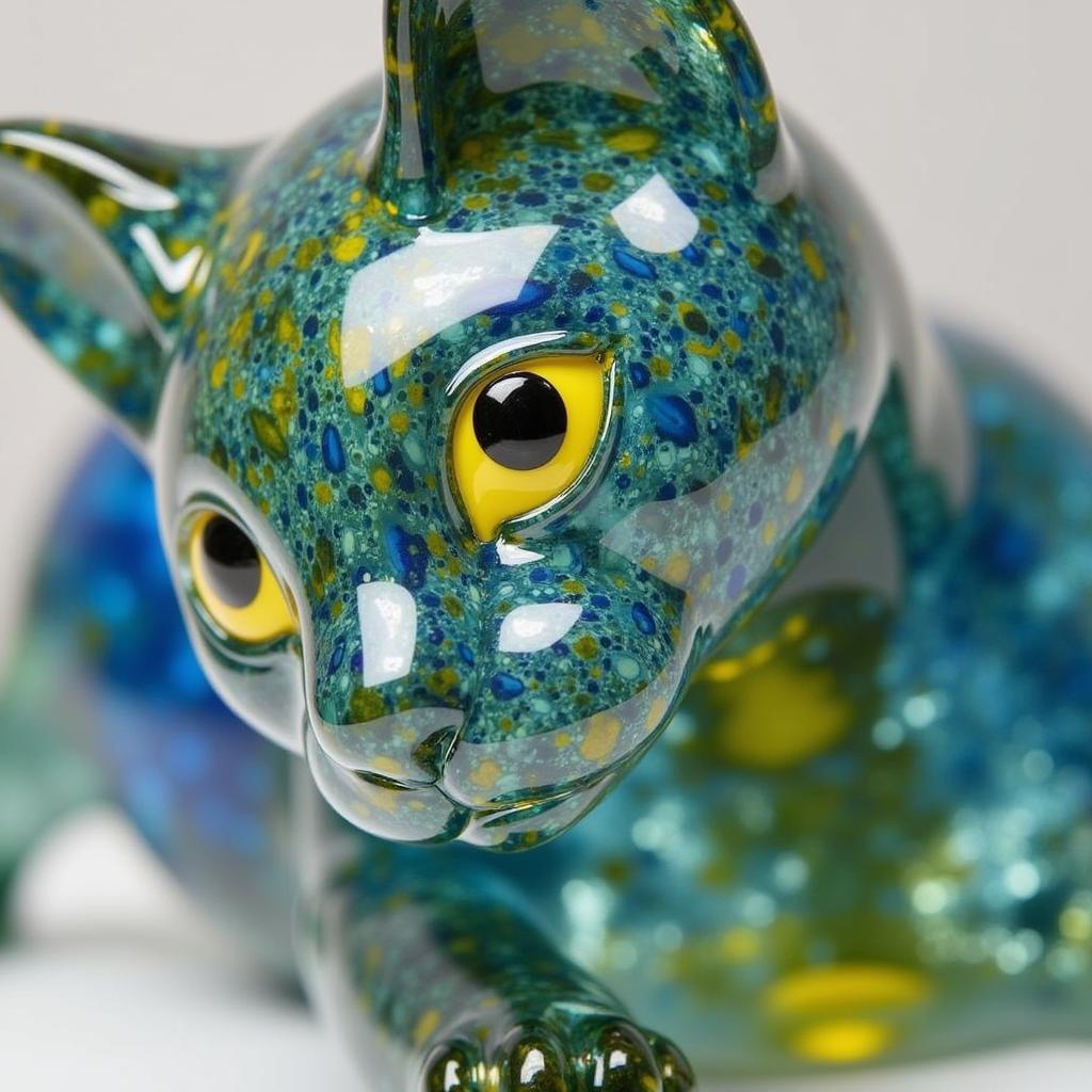 A close-up of a Murano-style glass cat sculpture with intricate details and vibrant colors.