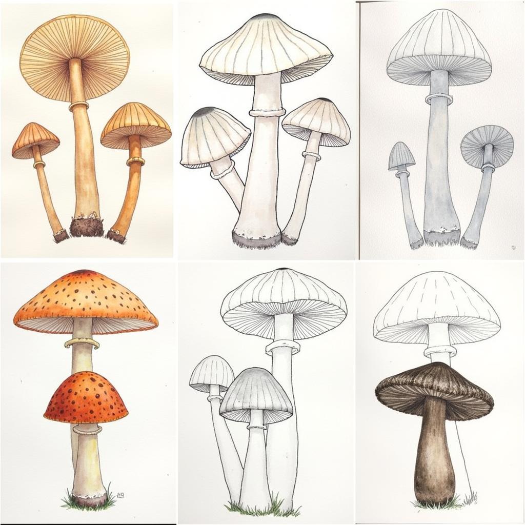 Different mediums used in mushroom art prints: watercolor, pen and ink, digital art