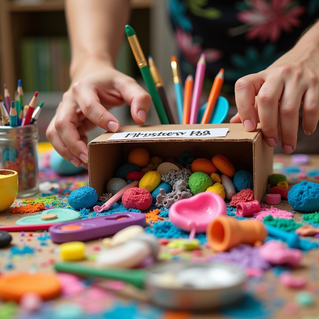 Unboxing a mystery art box filled with art supplies.