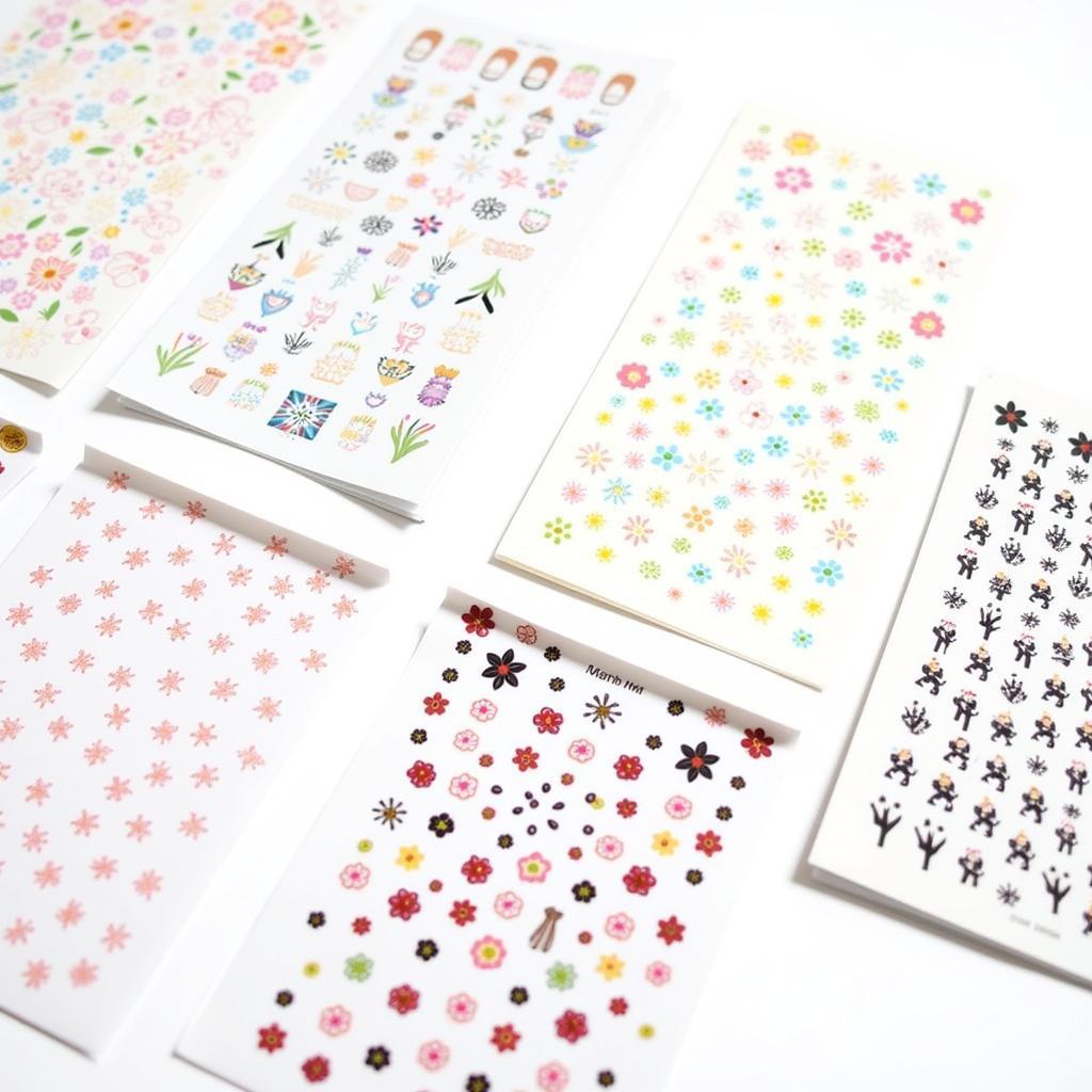 A variety of nail art sticker designs showcasing different patterns, colors, and styles.