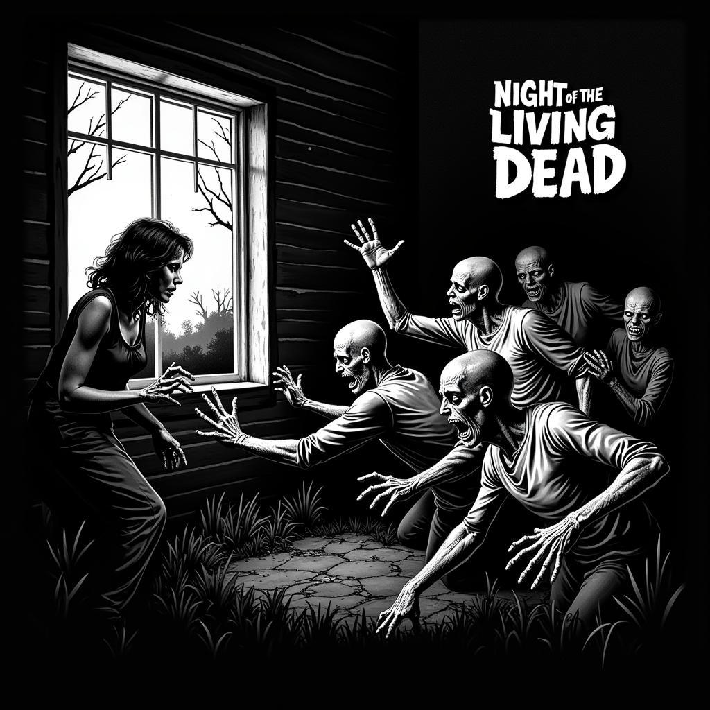 Night of the Living Dead movie poster art: A classic depiction of the film's iconic imagery, showcasing the ghoulish figures against a desolate backdrop.