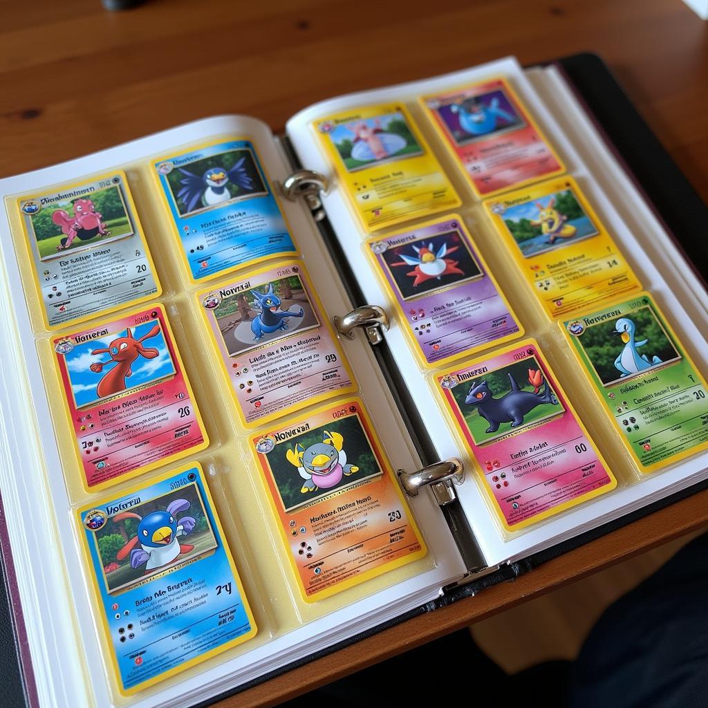 A collection of Noivern V full art cards displayed in a binder, showcasing the dedication of collectors.