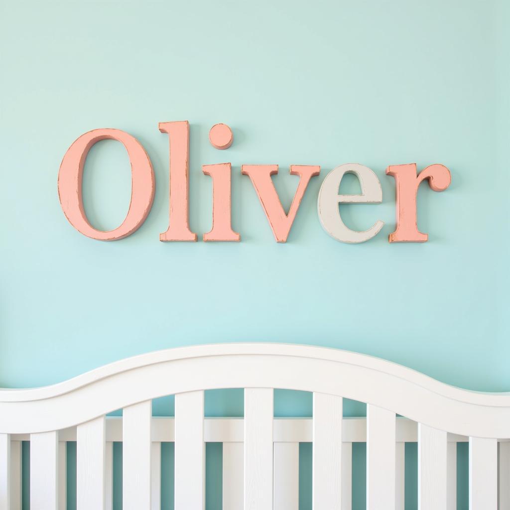 Wooden letters spelling out a baby's name on a nursery wall