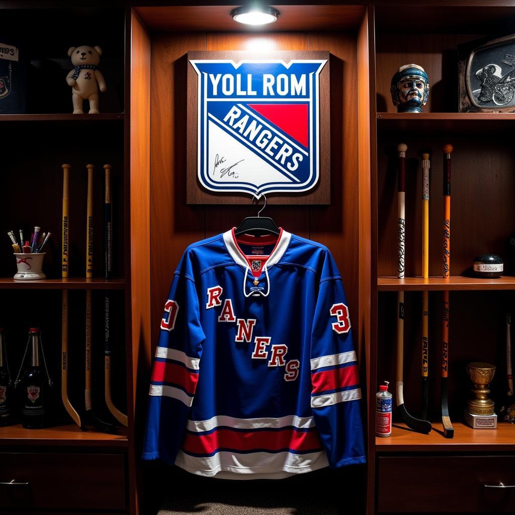 NY Rangers wall art canvas displayed prominently in a dedicated fan cave, showcasing team pride and creating an exciting atmosphere.