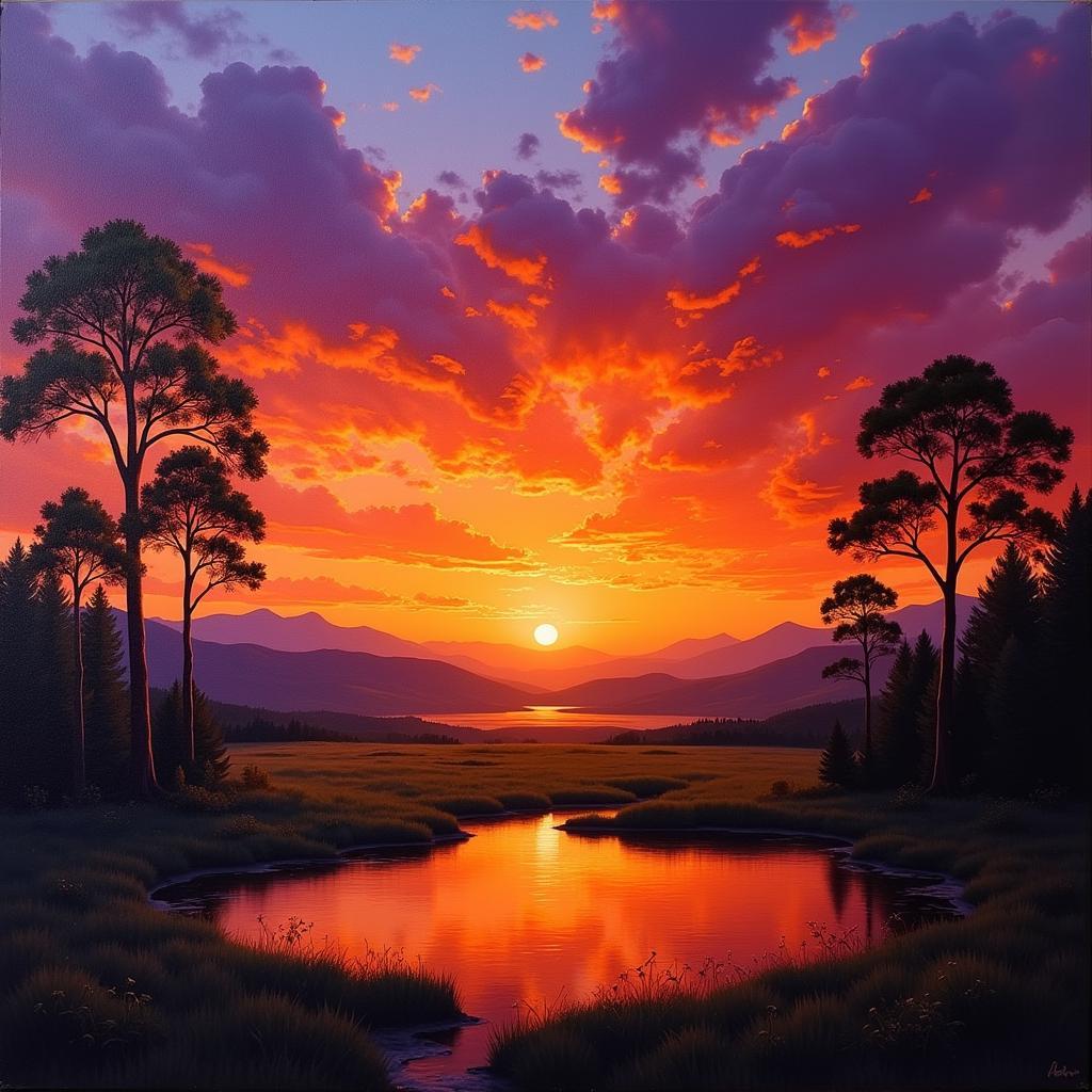 A beautiful landscape oil painting depicting a vibrant sunset