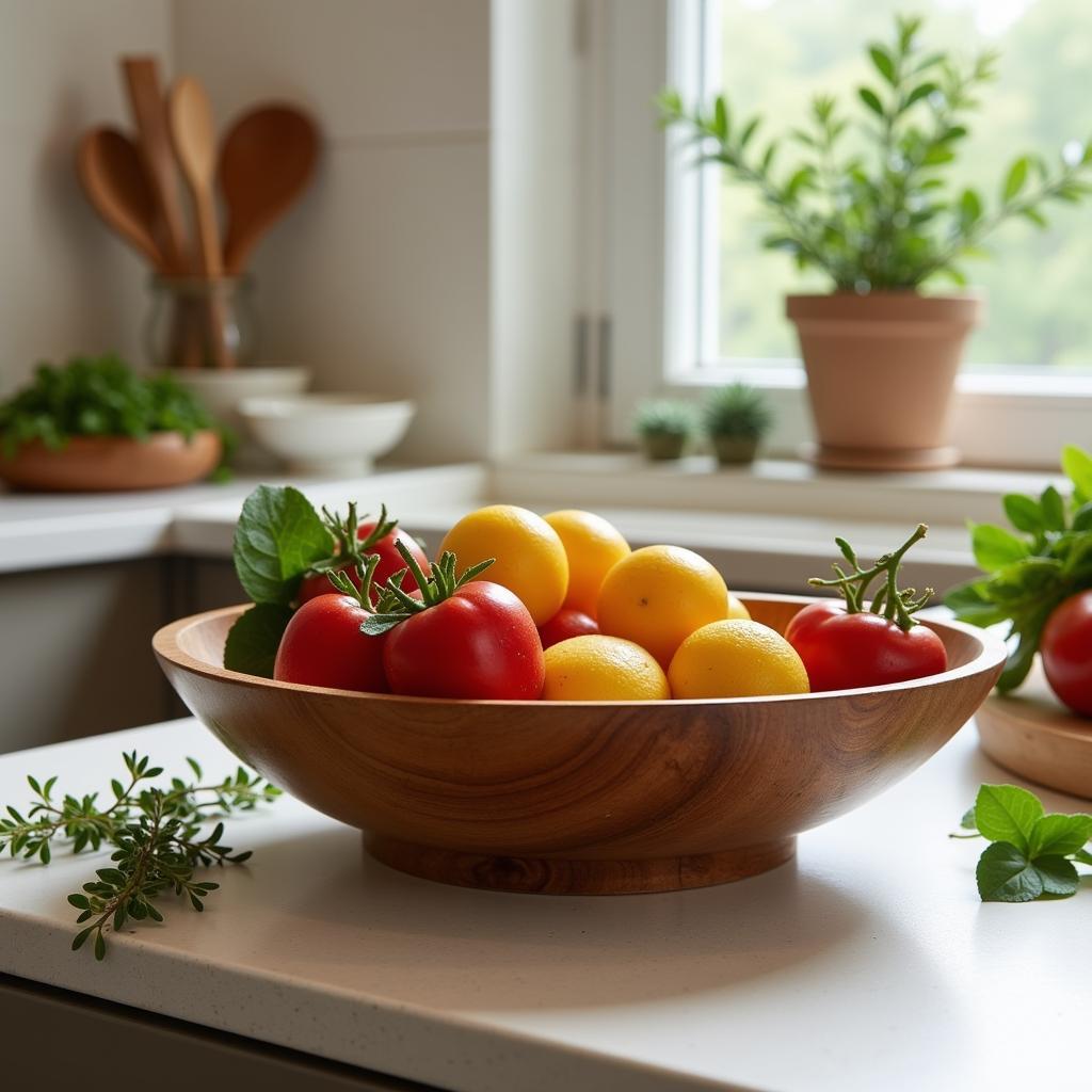 Olive wood bowl in a kitchen setting