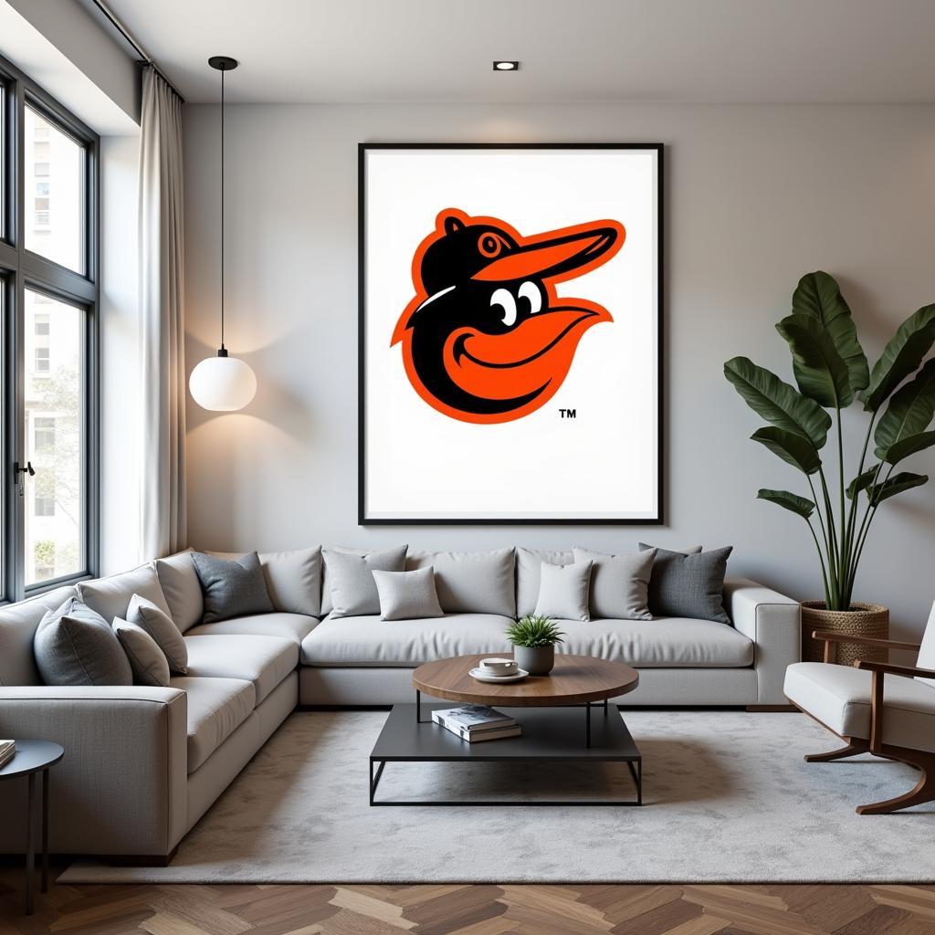 Framed Baltimore Orioles digital art displayed in a modern living room.