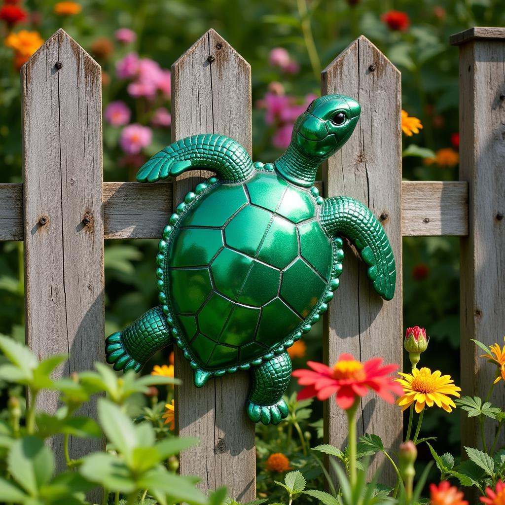 Metal Turtle Wall Art in a Garden Setting