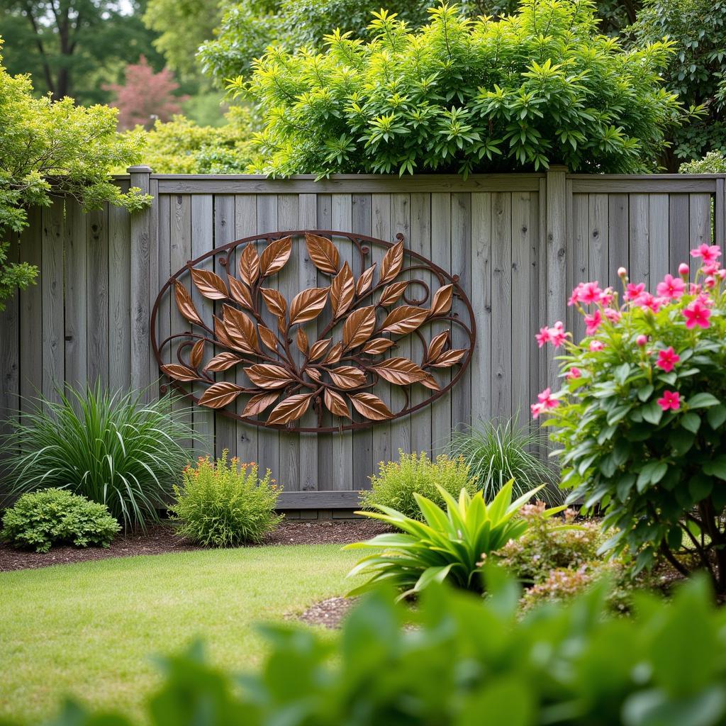 Outdoor metal wall art in a garden setting