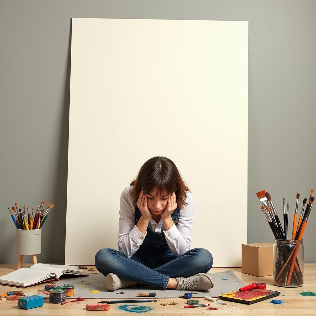 Artist experiencing creative block, staring at a blank canvas with paintbrushes scattered around.