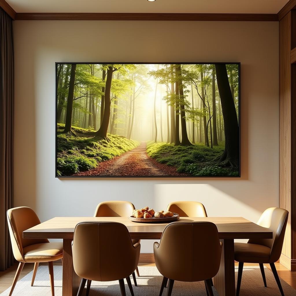 Oversized glass wall art in a modern dining room featuring a nature-inspired design