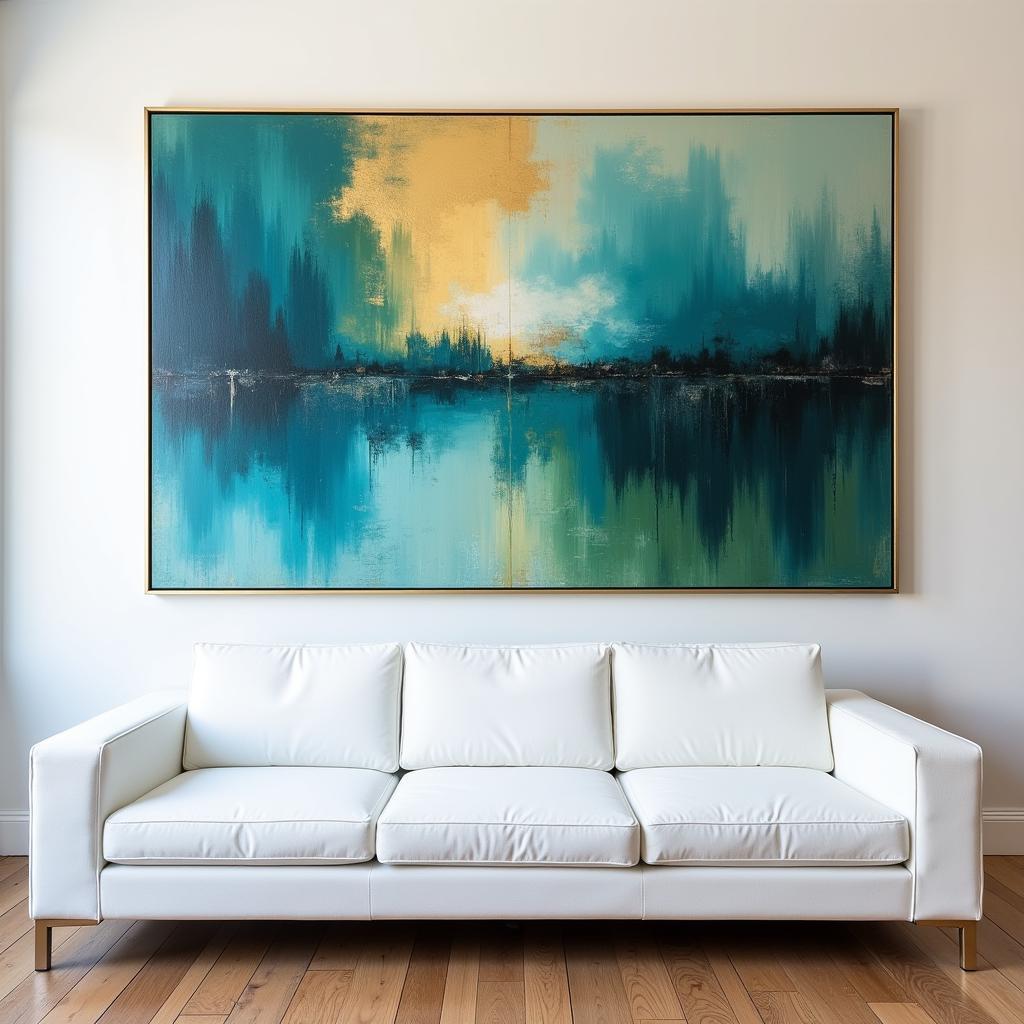 Oversized abstract painting dominating a modern living room wall