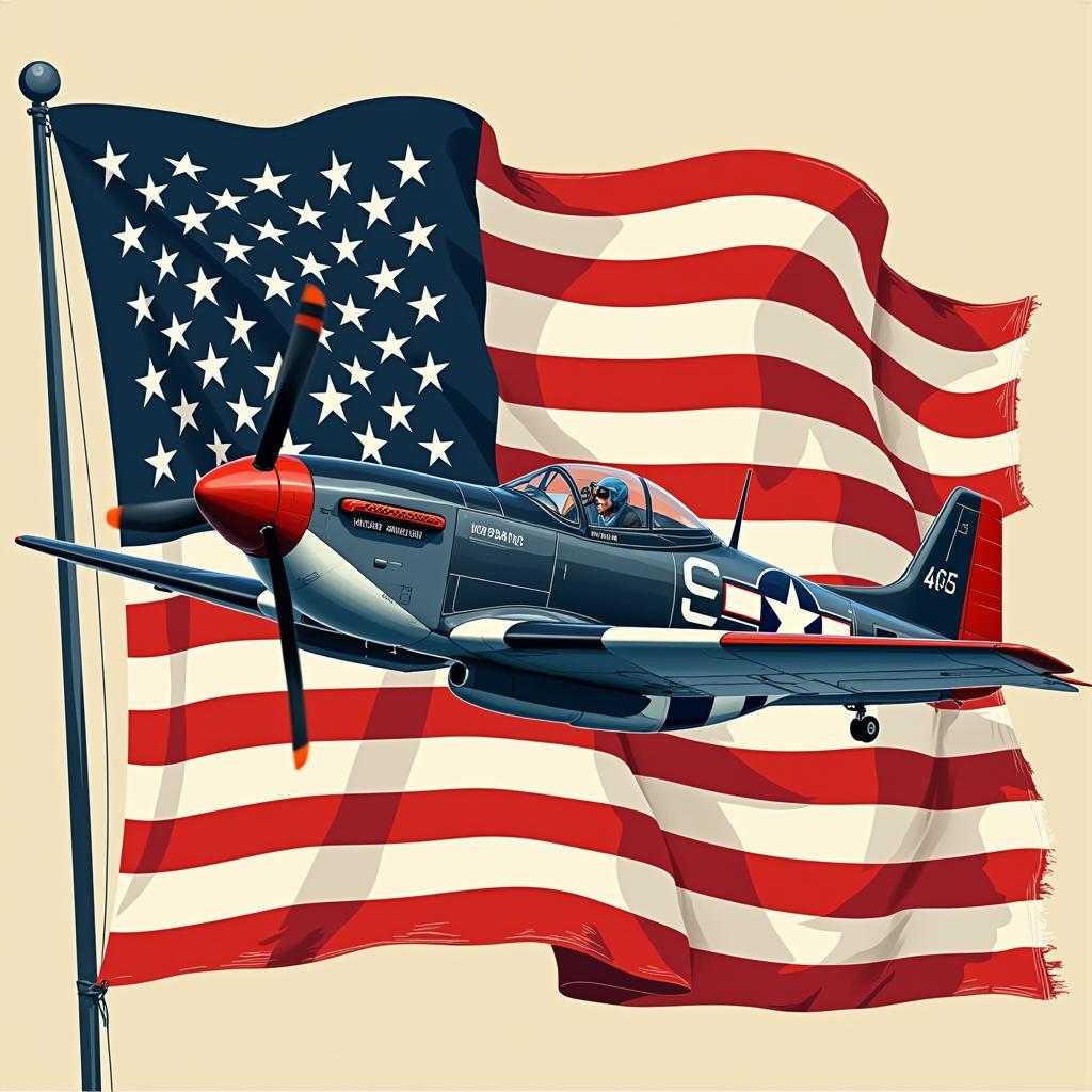 A framed vintage P51 Mustang poster with an American flag background