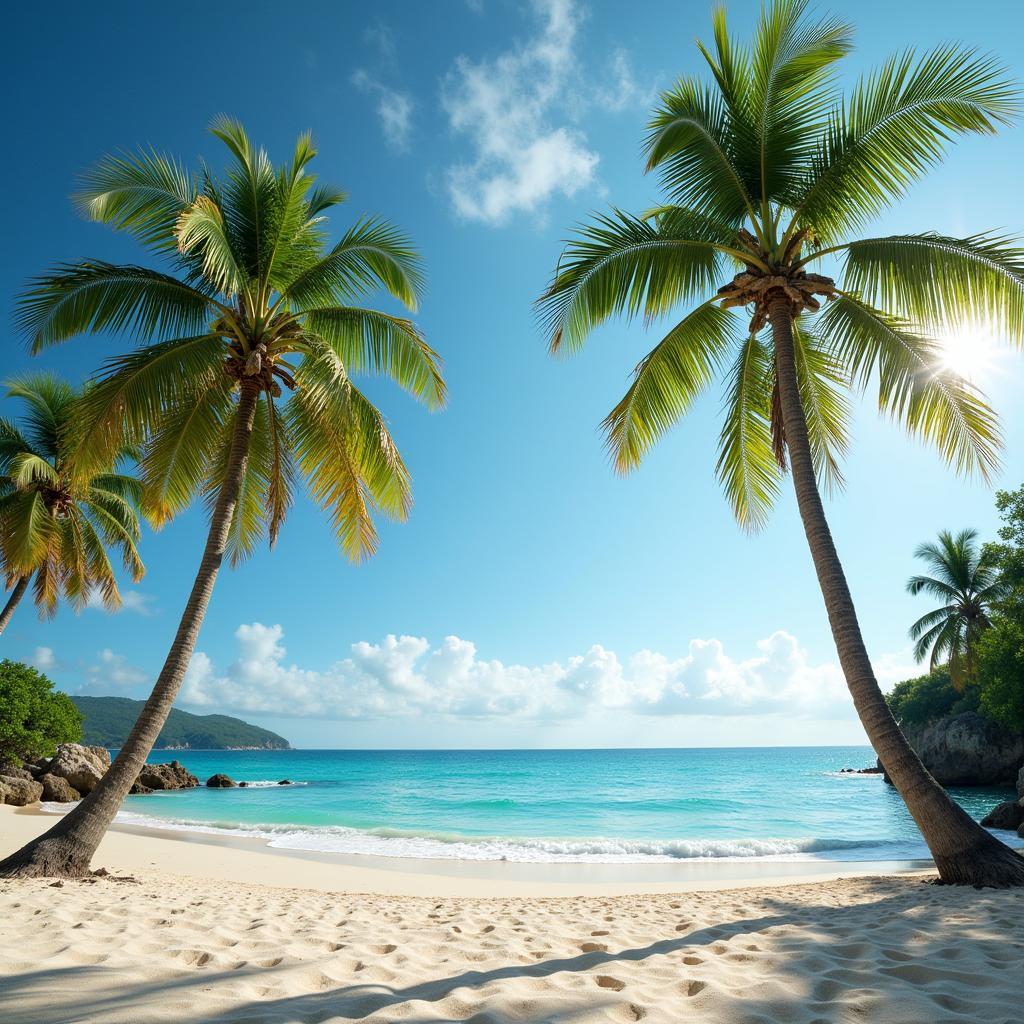 A serene beach scene with palm trees swaying in the breeze, inspiring artistic creations.