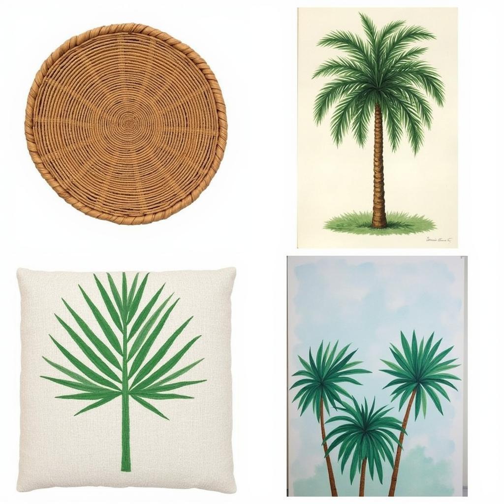 Diverse examples of palm art, from simple crafts to complex paintings.