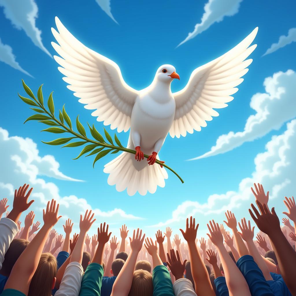 Digital art depicting a dove carrying an olive branch, symbolizing peace and hope.