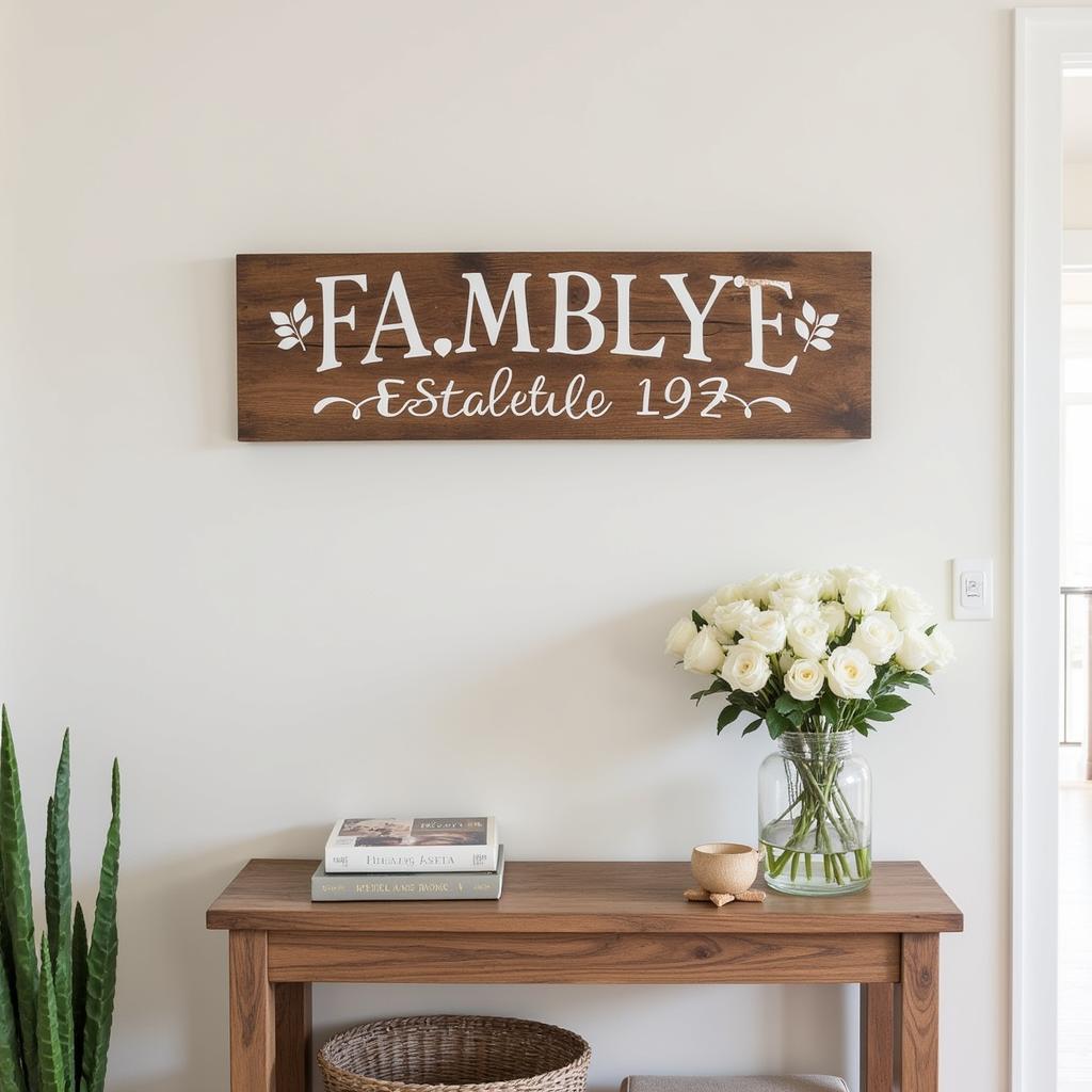 A personalized family name sign in an entryway.