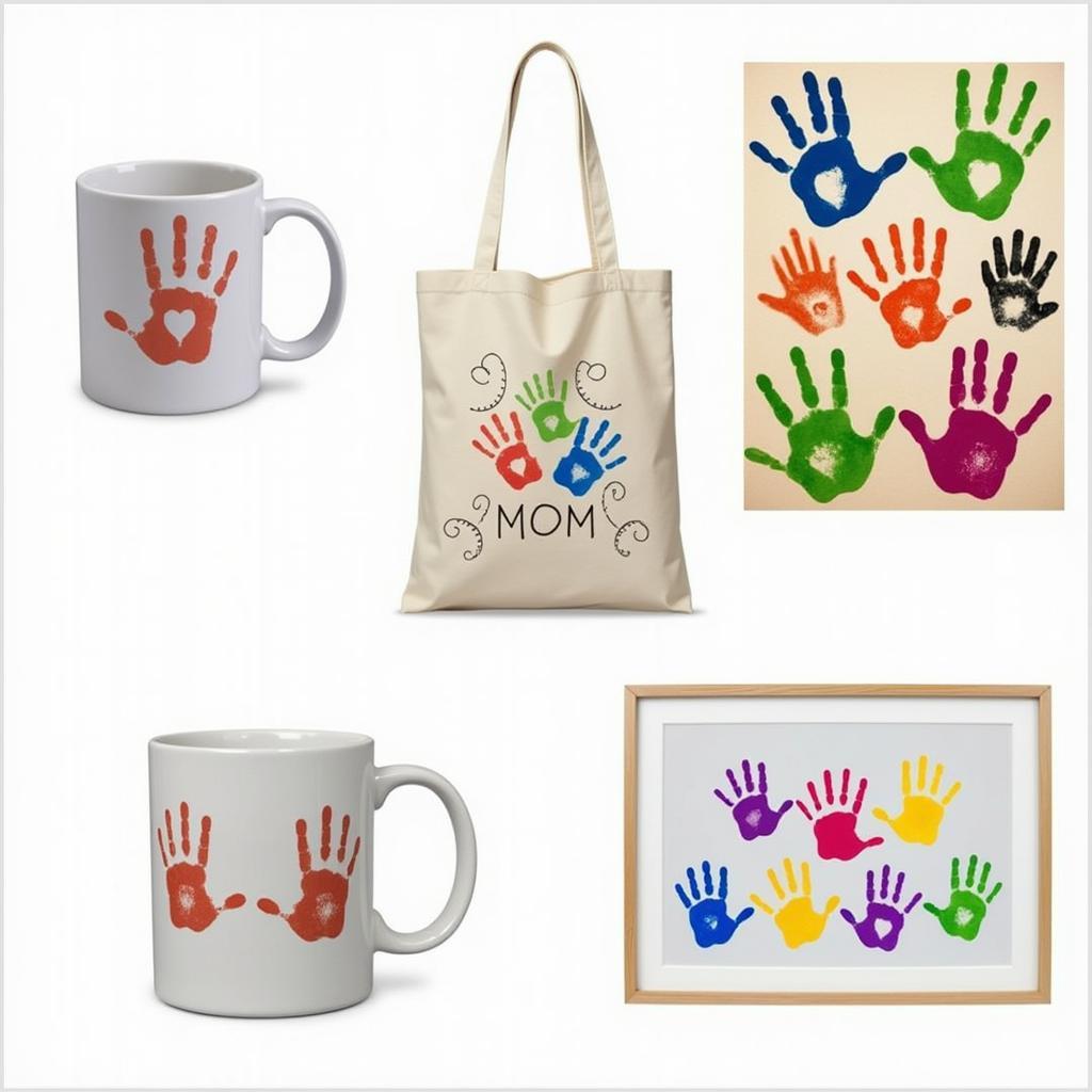 Personalized handprint gifts for Mom, showing a variety of items like mugs, tote bags, and framed art.