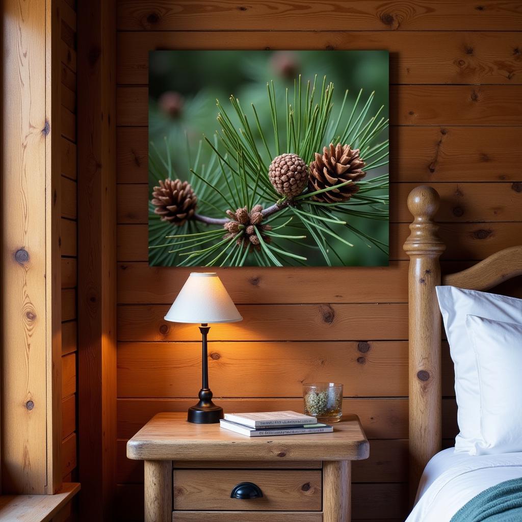 Pine tree canvas wall art in a rustic bedroom