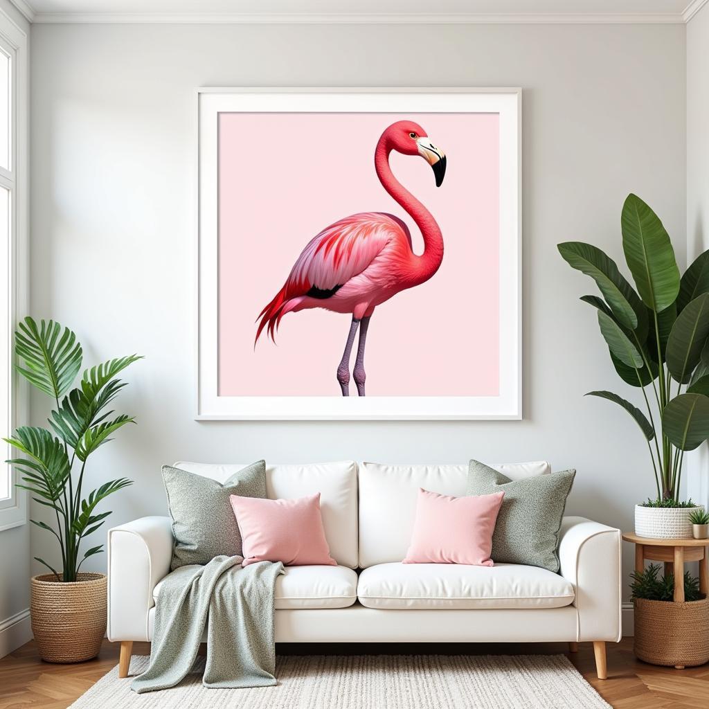 Pink flamingo wall art in a living room setting