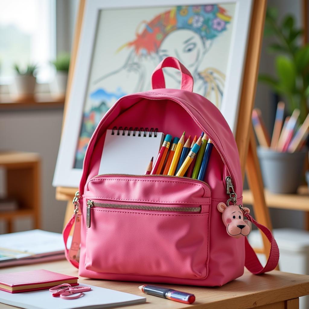 Pink Panther art supplies packed in a small backpack.