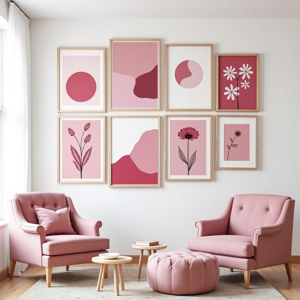 Pink wall art prints in a modern living room setting