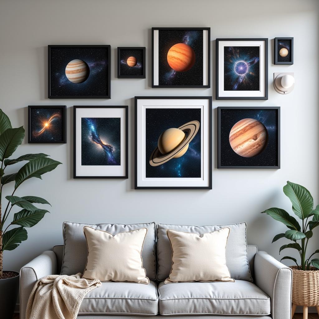 A gallery wall featuring various planet wall art prints.