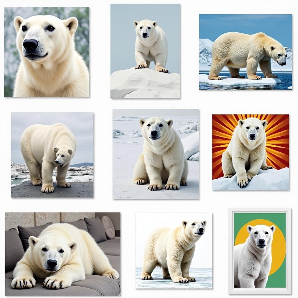 Polar bear canvas prints showcasing various artistic styles and sizes for home decor.