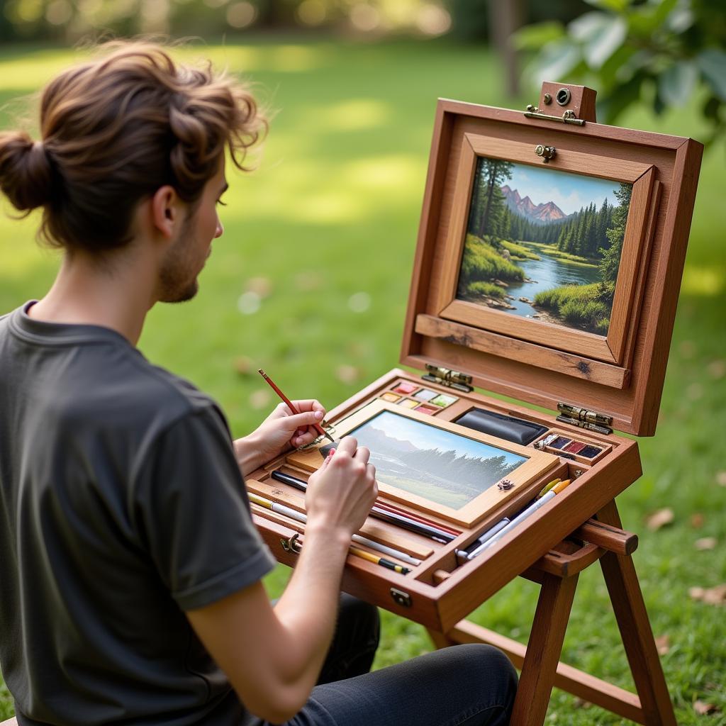 A portable art set in a wooden case being used for outdoor painting, showcasing a picturesque landscape in the background.